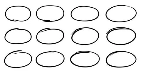 Drawn pen line oval set. Hand drawn marker stroke style doodle oval frame Stock Illustration