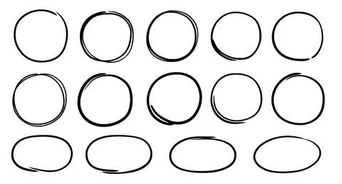 Drawn pen line oval set. Hand drawn marker stroke style doodle oval frame Stock-Illustration