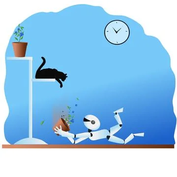 A drawn robot character caught a flower that was dropped by a black playful cat. Stock Illustration