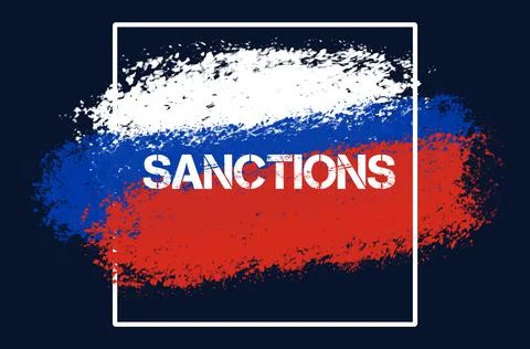 A drawn Russian flag with the text of the sanctions on a black background. Co Stock Photos