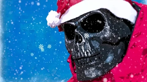 Drawn skull in the image of an evil Santa Claus with falling snow Stock Footage 144378502