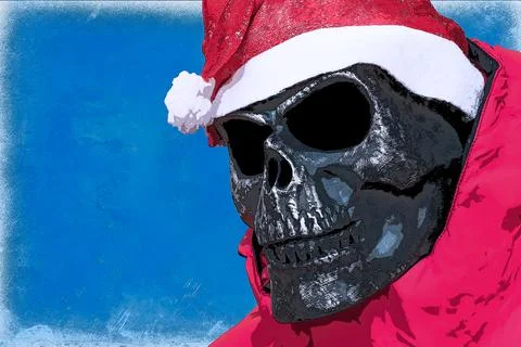 Drawn skull in the image of an evil Santa Claus on a blue background Stock Illustration
