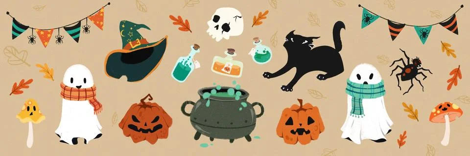 Drawn style. Mix of ghosts, pumpkins, and spooky ingredients in witchy Halloween 스톡 일러스트