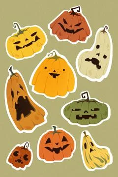 Drawn style. Set of pumpkins with various facial expressions, perfect for 스톡 일러스트