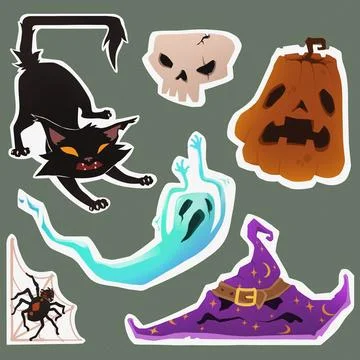 Drawn style. Spooky set featuring black cat, skull, ghost, and witch's hat ideal Illustrazione stock