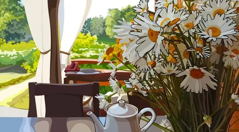 Drawn summer background of a cozy feast view from the gazebo Stock Illustration