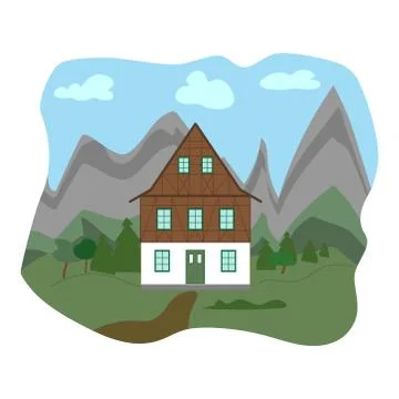 Drawn two-storey house in alpine style on a background of mountains, flat sty Stock Illustration