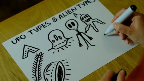 Drawn types of aliens and their aircraft Stock-Footage 129720539