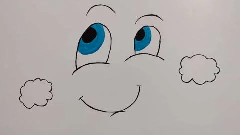 Drawn white cloud with blue eyes and red smile Stock Footage 145730552