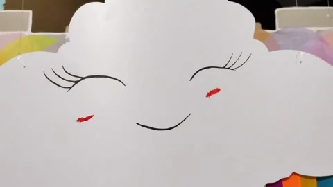 Drawn white cloud with blue eyes and red smile Stock Footage 145730559