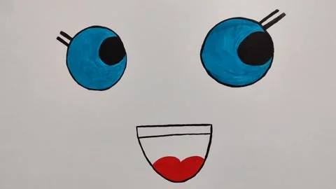 Drawn white cloud with blue eyes and red smile Stock Footage 145730571