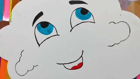 Drawn white cloud with blue eyes and red smile Stock Footage 145730586
