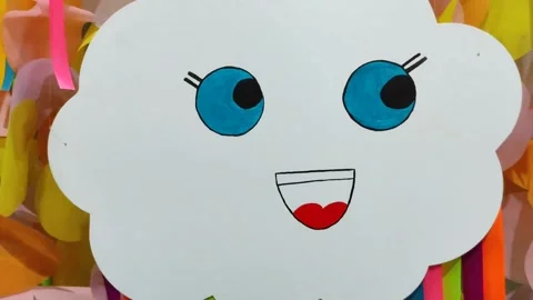 Drawn white cloud with blue eyes and red smile Stock Footage 145730626