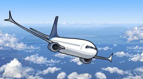 Drawn white plane flies above the clouds against a bright blue sky background Stock Illustration