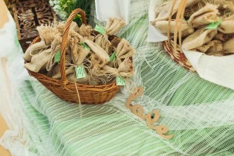 Drawstring bag packaging isolated on green background Stock Photos