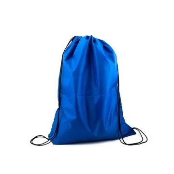 Drawstring pack template classic blue textile isolated on white Stock Photos
