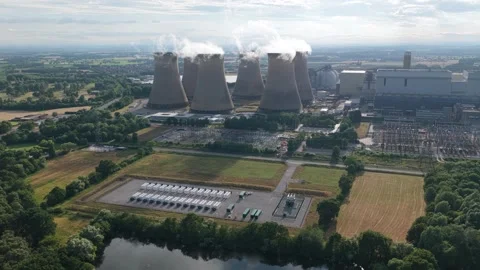 Drax Power Station Producing Steam Clouds During a Clear Day in North Yorkshire Stock Footage 343885074