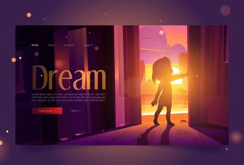 Dream banner with girl open door at sunset Stock Illustration