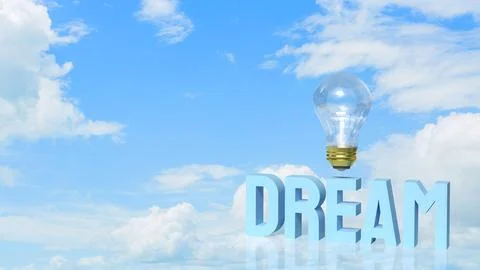 Dream Big Creative Inspiration with Light Bulb in Blue Sky 3d render. Stock Illustration