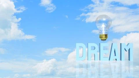 Dream Big Creative Inspiration with Light Bulb in Blue Sky 3d render. Stock Illustration