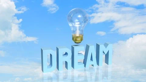 Dream Big Creative Inspiration with Light Bulb in Blue Sky 3d render. Stock Illustration