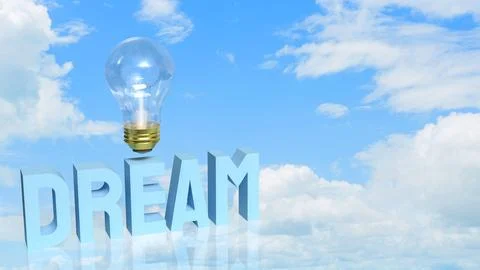 Dream Big Creative Inspiration with Light Bulb in Blue Sky 3d render. Stock Illustration