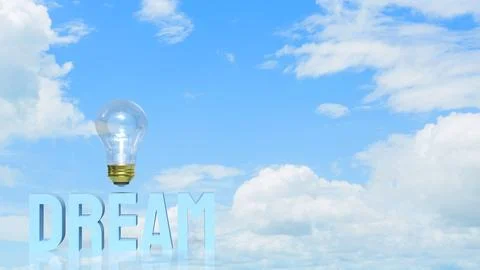 Dream Big Creative Inspiration with Light Bulb in Blue Sky 3d render. Stock Illustration