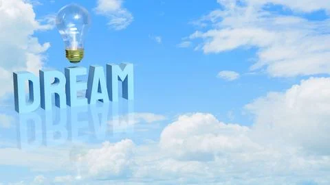 Dream Big Creative Inspiration with Light Bulb in Blue Sky 3d render. Stock Illustration