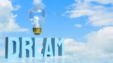 Dream Big Creative Inspiration with Light Bulb in Blue Sky 3d render. Illustration