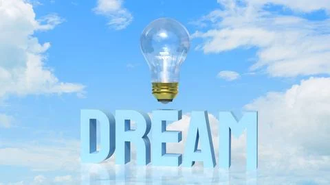 Dream Big Creative Inspiration with Light Bulb in Blue Sky 3d render. Stock Illustration
