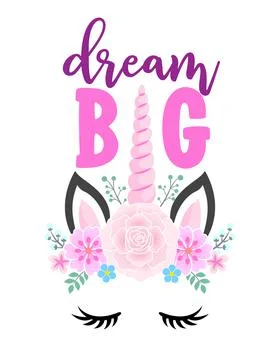 Dream big - funny vector quotes and unicorn drawing in nordic style. Stock Illustration