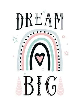 Dream big quote vector background with cute rainbow, heart, stars, round and Illustrazione stock