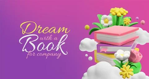 Dream with a book 3D vector banner design with flowers and clouds, library イラスト素材