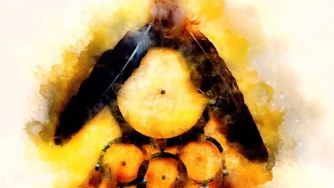 Dream catcher with eagle and raven feathers and softly blurred watercolor Stock Footage 156196409