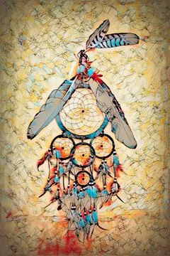Dream catcher with eagle and raven feathers on orange structure 스톡 일러스트