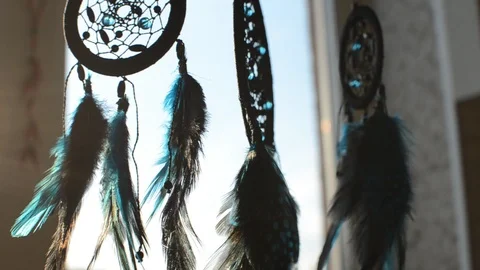 Dream catcher handmade with feathers threads and beads. Stock Footage 89127258