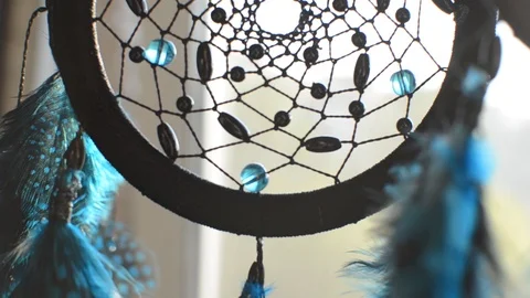 Dream catcher handmade with feathers threads and beads. Stock Footage 89726491