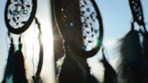 Dream catcher handmade with feathers threads and beads. Stock Footage 89727025