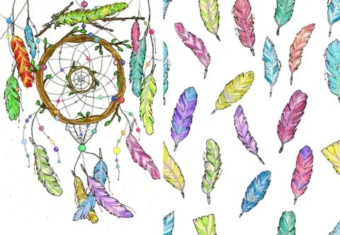 Dream catcher from tree branches and seamless pattern watercolor feathers Illustrazione stock