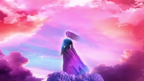 Dream Girl in a Windy and Cloudy Landscape - Loop Fantasy Abstract Background Stock Footage
