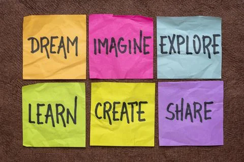 Dream, imagine, explore, learn, create, share - reminder notes Stock Photos