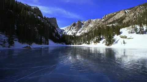 Dream Lake Winter cobalt deep blue ice Rocky Mountain National Park RMNP Stock Footage 329547813