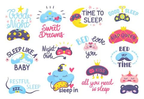 Dream mask. Bedtime elements, cute masks eyes and positive phrases. Night sweet イラスト素材