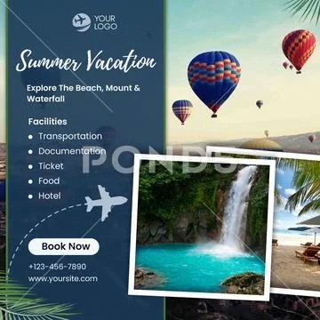 Dream summer vacation packages with hot air balloons and waterfalls PSD Template