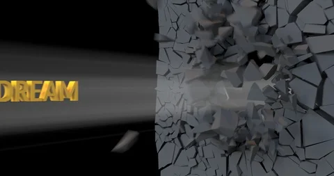 Dream word breaks a concrete wall in slow motion Stock Footage