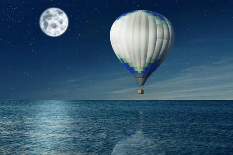 Dream world. Hot air balloon in night sky with full moon over sea Stock Photos