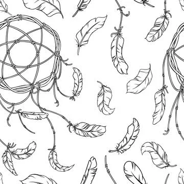 Dreamcatcher and feathers seamless pattern. Native american decor with feathers Stock Illustration