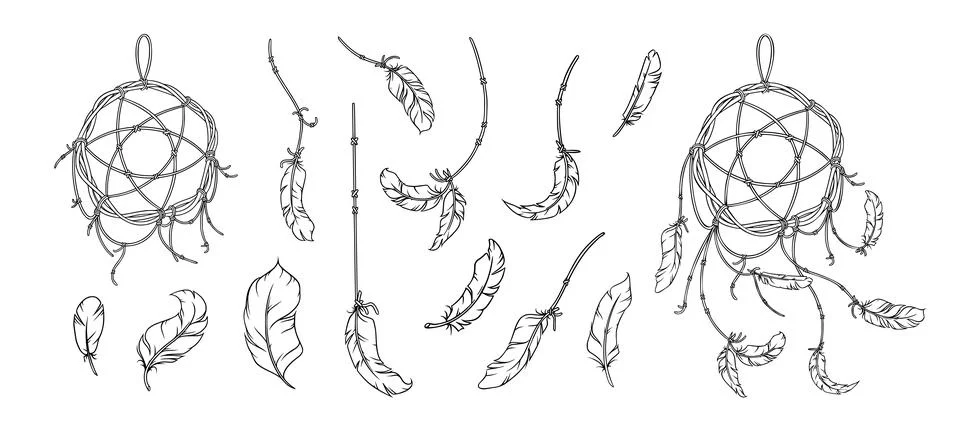 Dreamcatcher and feathers sketch. Native american decor with feathers and dream Stock Illustration