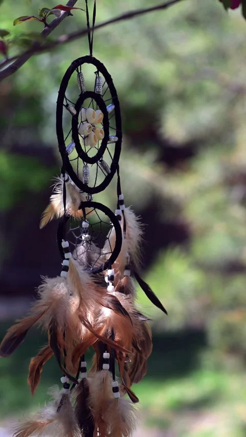 Dreamcatcher in Bright Sunlight. Boho Decor Moving in the Wind. Stock Footage 333398047