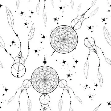 Dreamcatcher doodle seamless pattern, mandala ornament and magic stars Stock Illustration